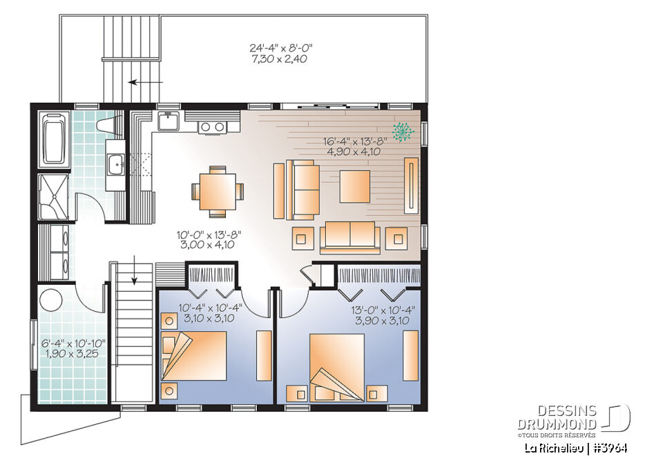 Plan de l’étage La Richelieu #3964 avec 2 chambres, aire ouverte et grande terrasse arrière