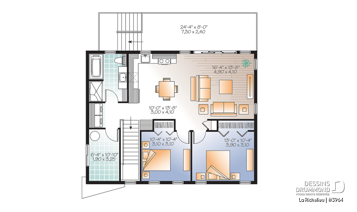 Plan de l’étage La Richelieu #3964 avec 2 chambres, aire ouverte et grande terrasse arrière
