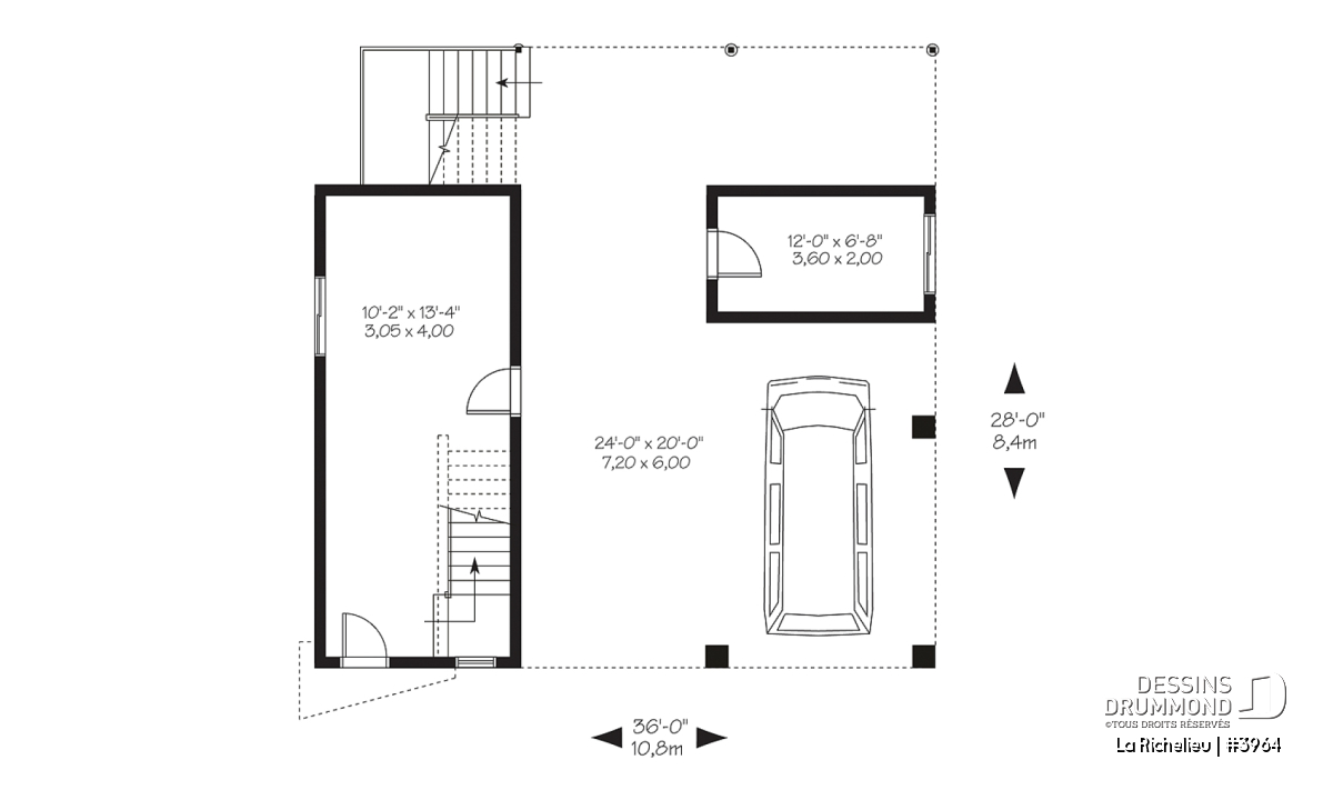 Plan du rez-de-chaussée La Richelieu #3964 avec stationnement couvert pour 2 voitures, remise et grand hall d’entrée