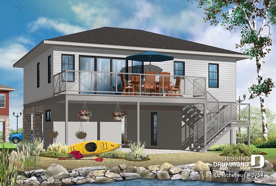 Vue arrière La Richelieu #3964 avec terrasse surélevée et maison moderne bord de l’eau