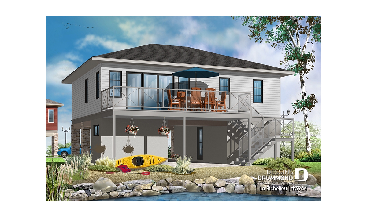 Vue arrière La Richelieu #3964 avec terrasse surélevée et maison moderne bord de l’eau