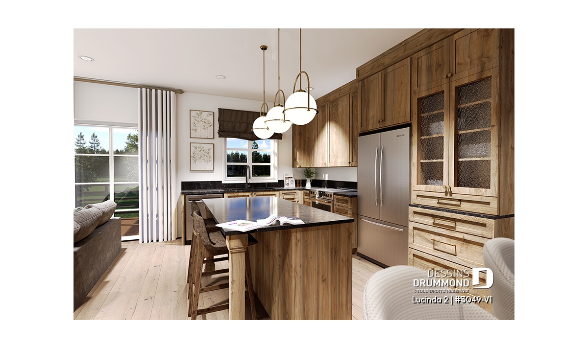 Cuisine rustique moderne Lucinda 2 #3049-V1 avec îlot central, armoires de bois et aire ouverte lumineuse
