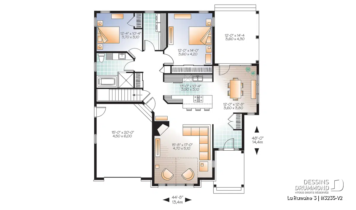 plan de plancher plain-pied 2 chambres avec garage La Romaine 3235-V2 aménagement intérieur