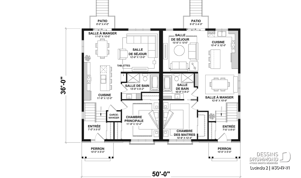 Plan du rez-de-chaussée Lucinda 2 #3049-V1 avec chambre principale, cuisine à aire ouverte et espaces lumineux