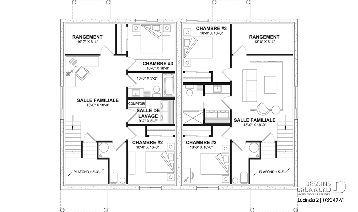 Plan du sous-sol Lucinda 2 #3049-V1 avec salle familiale, deux chambres et espaces de rangement