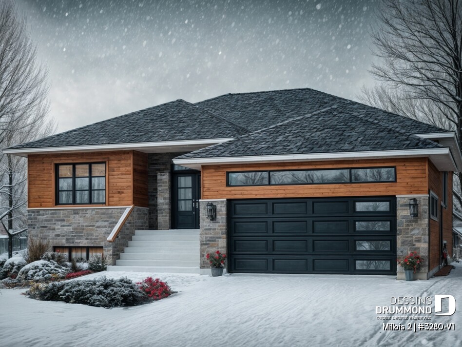 Millois 2 (#3280-V1) plan de maison contemporaine avec garage double, 3 chambres au rez-de-chaussée et design familial moderne.
