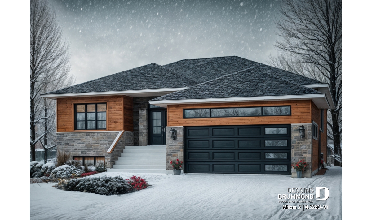 Millois 2 (#3280-V1) plan de maison contemporaine avec garage double, 3 chambres au rez-de-chaussée et design familial moderne.