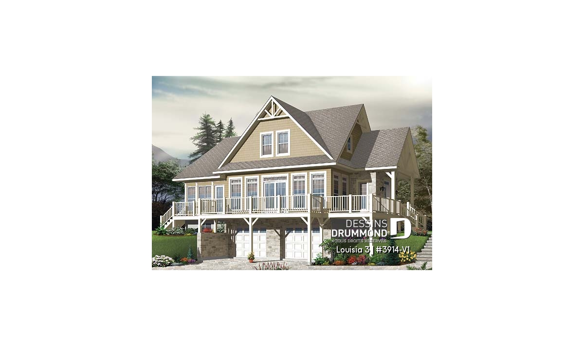 Plan de maison Louisia 3 #3914-V1 avec vue panoramique, garage double et architecture idéale pour terrain en pente