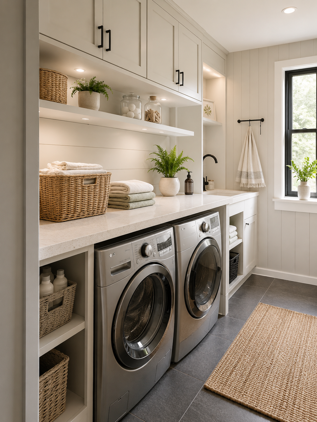Salle de lavage moderne avec long comptoir de pliage, armoires, tablettes et paniers de rangement.