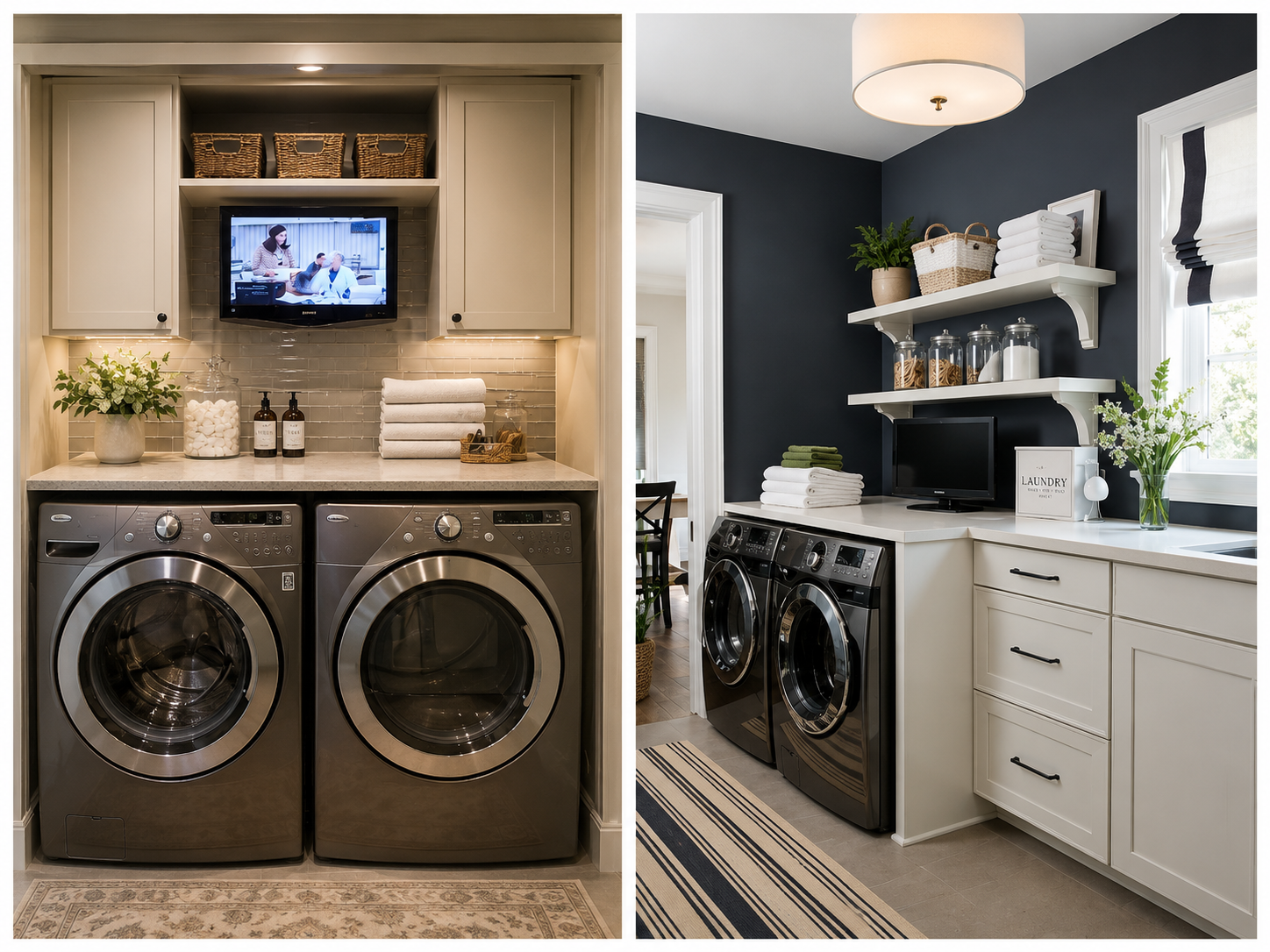 Deux idées de salles de lavage avec télévision, comptoir de pliage et rangement intégré.