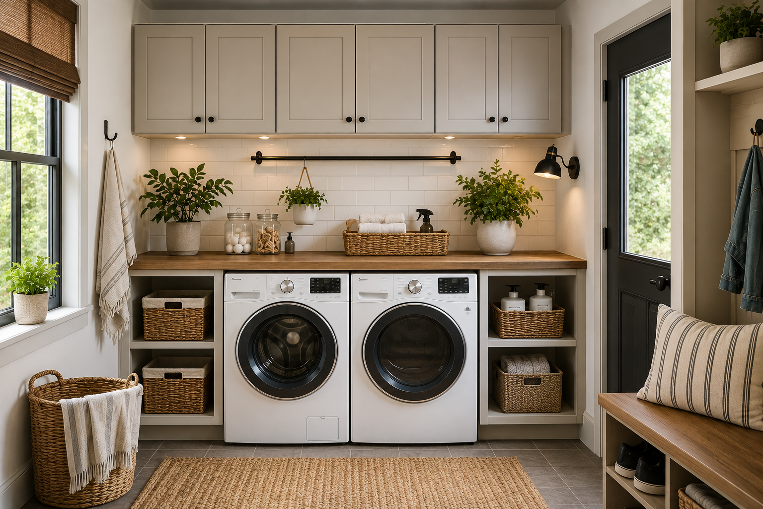 Salle de lavage moderne avec électroménagers, comptoir de pliage, armoires et rangement intégré.