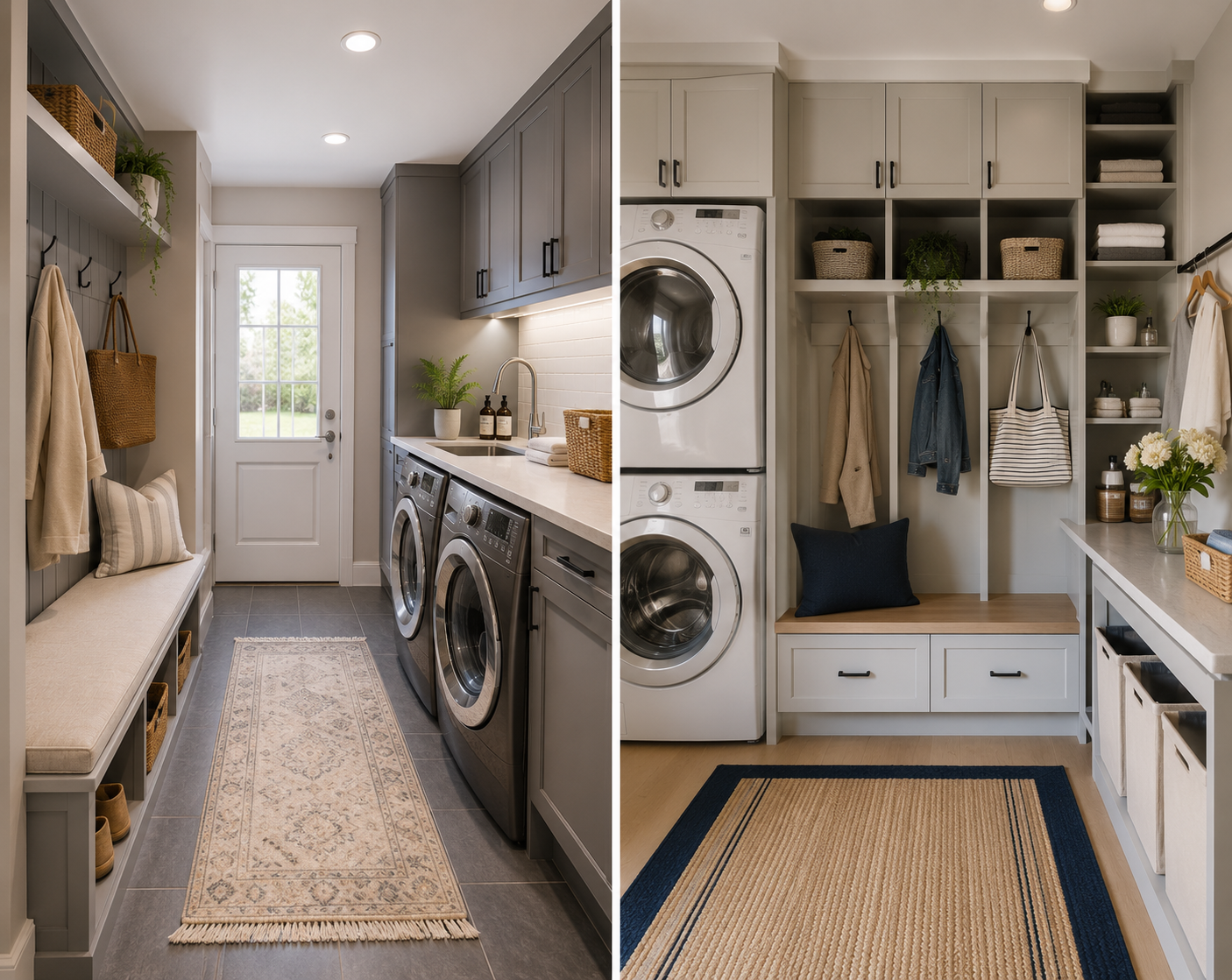 Deux idées de salles de lavage intégrées à un vestibule ou un mudroom avec banquette et rangement.