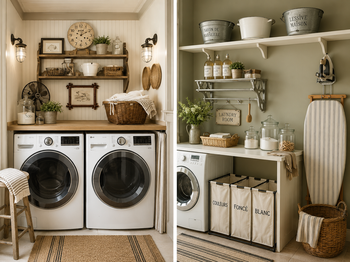 Deux salles de lavage de style rustique avec rangement, paniers en osier et accessoires décoratifs.