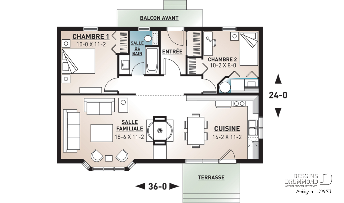 Plan de plancher Achigan (#2923) avec foyer central, 2 chambres, vestibule fermé et aire ouverte conviviale.