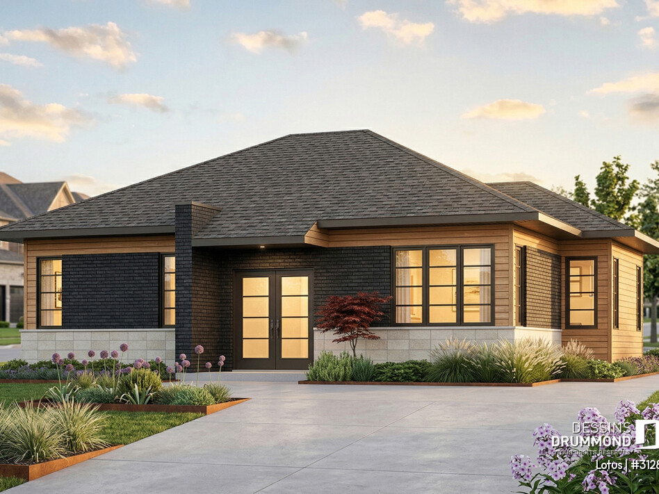 Lotus (#3128) plan de maison moderne pas cher avec 2 chambres, design contemporain et sous-sol aménageable.