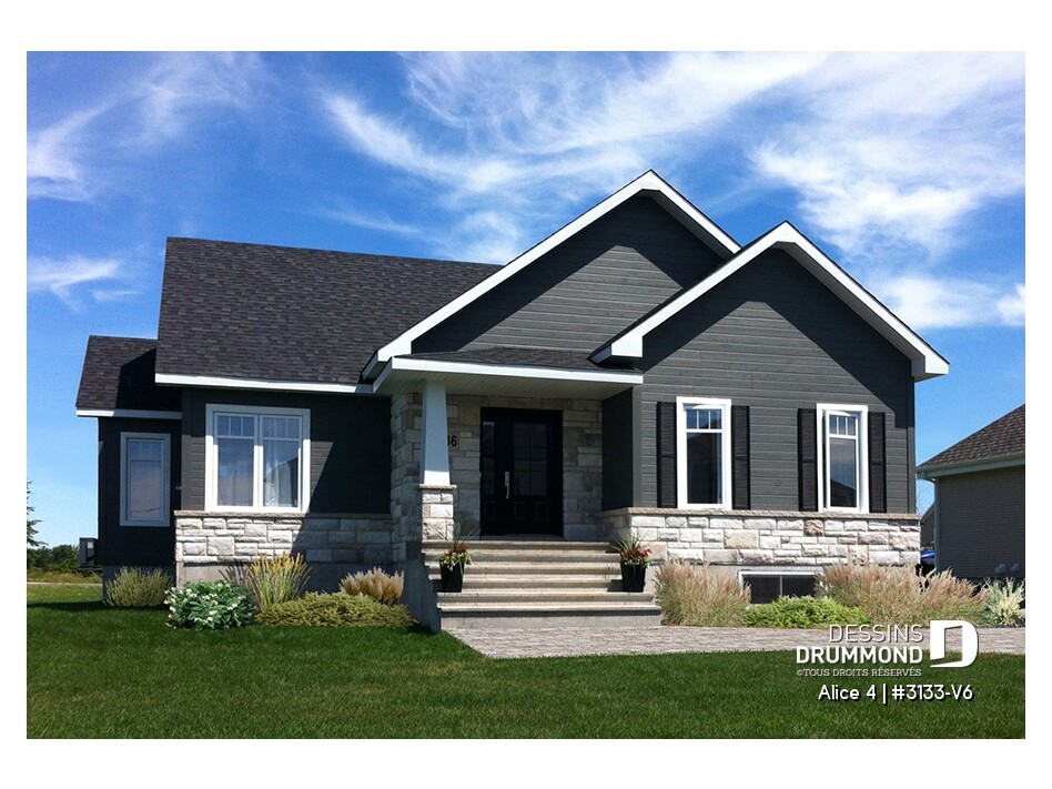 Alice 4 (#3133-V6) plan de maison plain-pied 2 chambres de style moderne rustique avec garage double et façade chaleureuse.