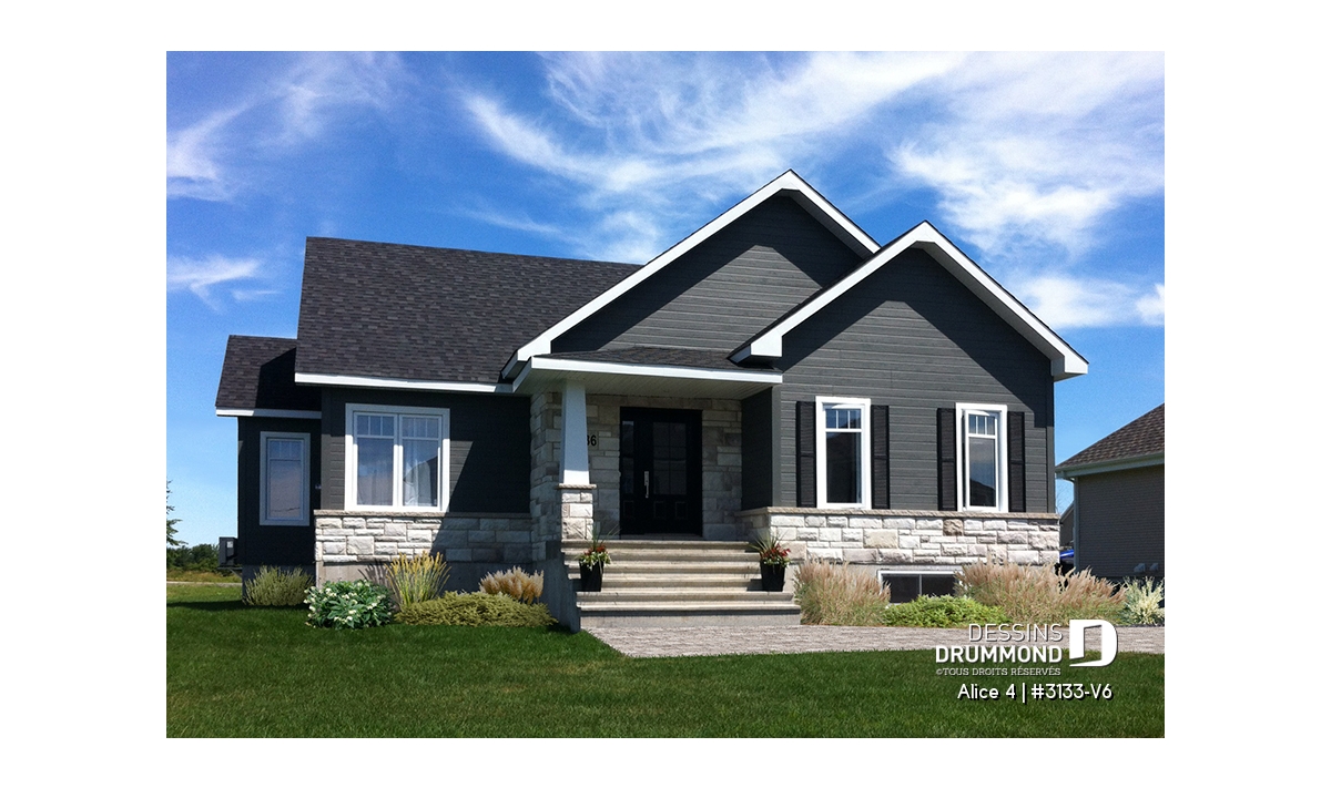 Alice 4 (#3133-V6) plan de maison plain-pied 2 chambres de style moderne rustique avec garage double et façade chaleureuse.