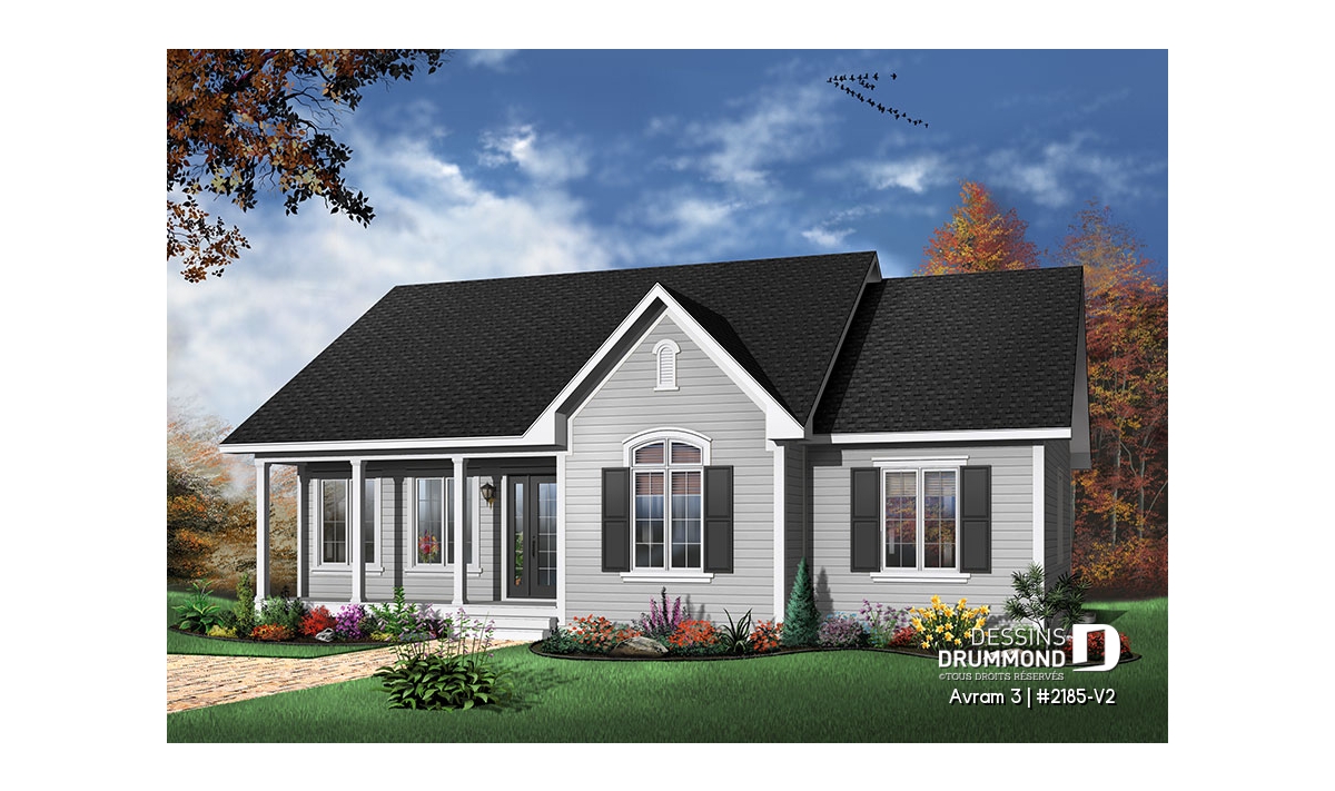 AVRAM 3 (#2183-V2) plan de maison plain-pied style champêtre américain avec 3 chambres, aire ouverte lumineuse et façade chaleureuse.