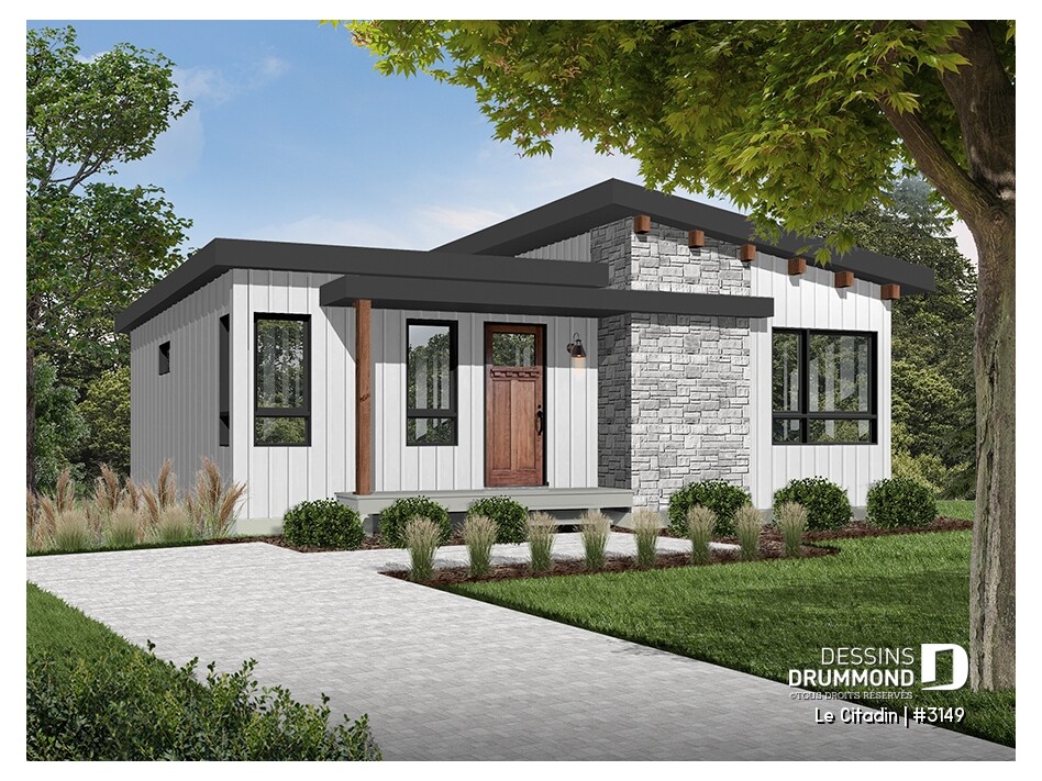 Le Citadin (#3149) plan de maison moderne avec 2 à 4 chambres, design contemporain, aire ouverte lumineuse et façade élégante.