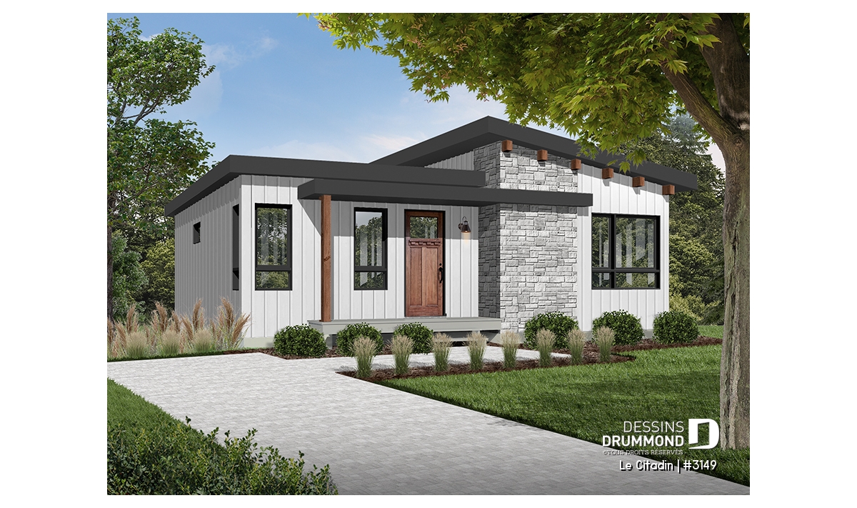 Le Citadin (#3149) plan de maison moderne avec 2 à 4 chambres, design contemporain, aire ouverte lumineuse et façade élégante.