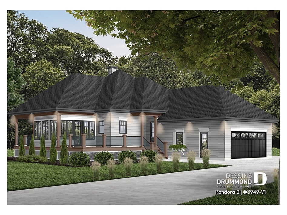 Pandora 2 (#3949-V1), élégant plan de maison plain-pied avec grande véranda couverte, garage double et façade raffinée d’inspiration moderne.