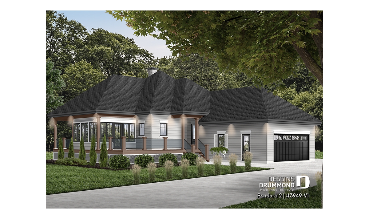 Pandora 2 (#3949-V1), élégant plan de maison plain-pied avec grande véranda couverte, garage double et façade raffinée d’inspiration moderne.
