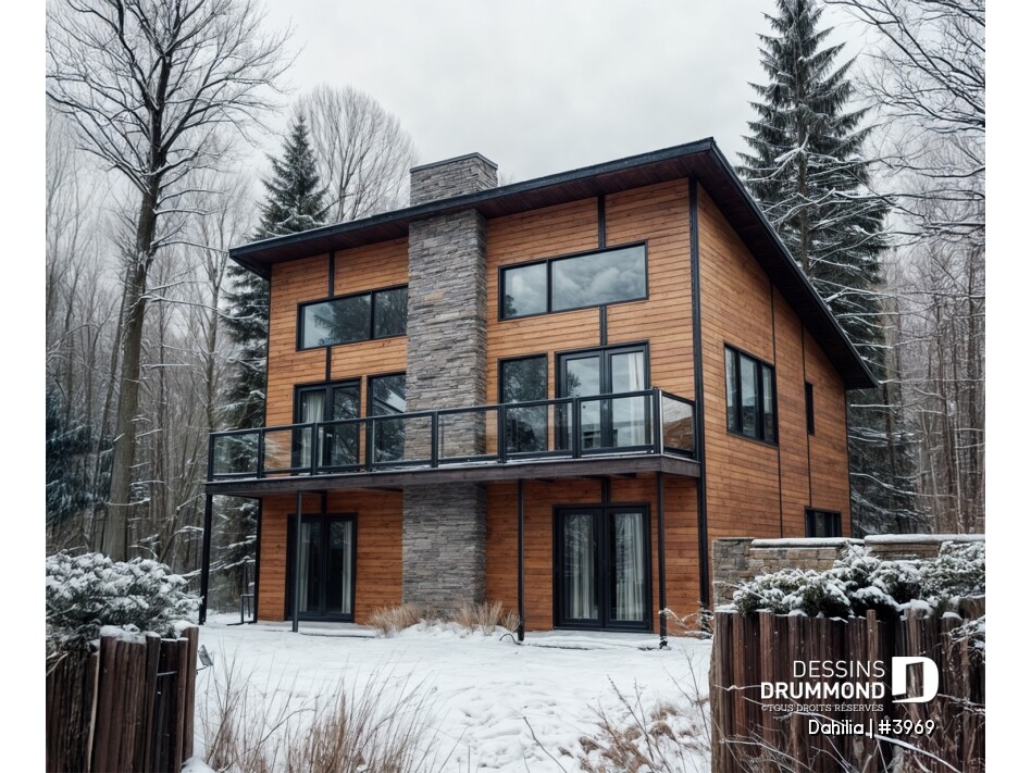 Plan de chalet moderne Dahilia #3969 avec plancher inversé en milieu boisé