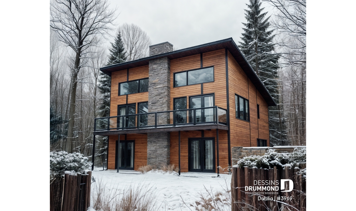 Plan de chalet moderne Dahilia #3969 avec plancher inversé en milieu boisé