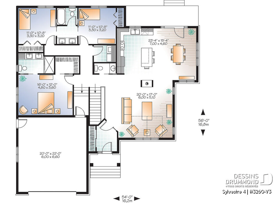 Plan de plancher du Sylvestre 4 (#3260-V3) montrant une maison plain-pied avec 3 chambres, suite des maîtres, aire ouverte, îlot central et garage double