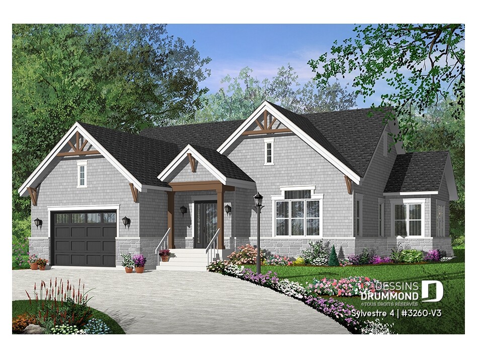 Sylvestre 4 (#3260-V3) plan de maison plain-pied style champêtre avec 3 chambres au rez-de-chaussée, garage double et façade chaleureuse.