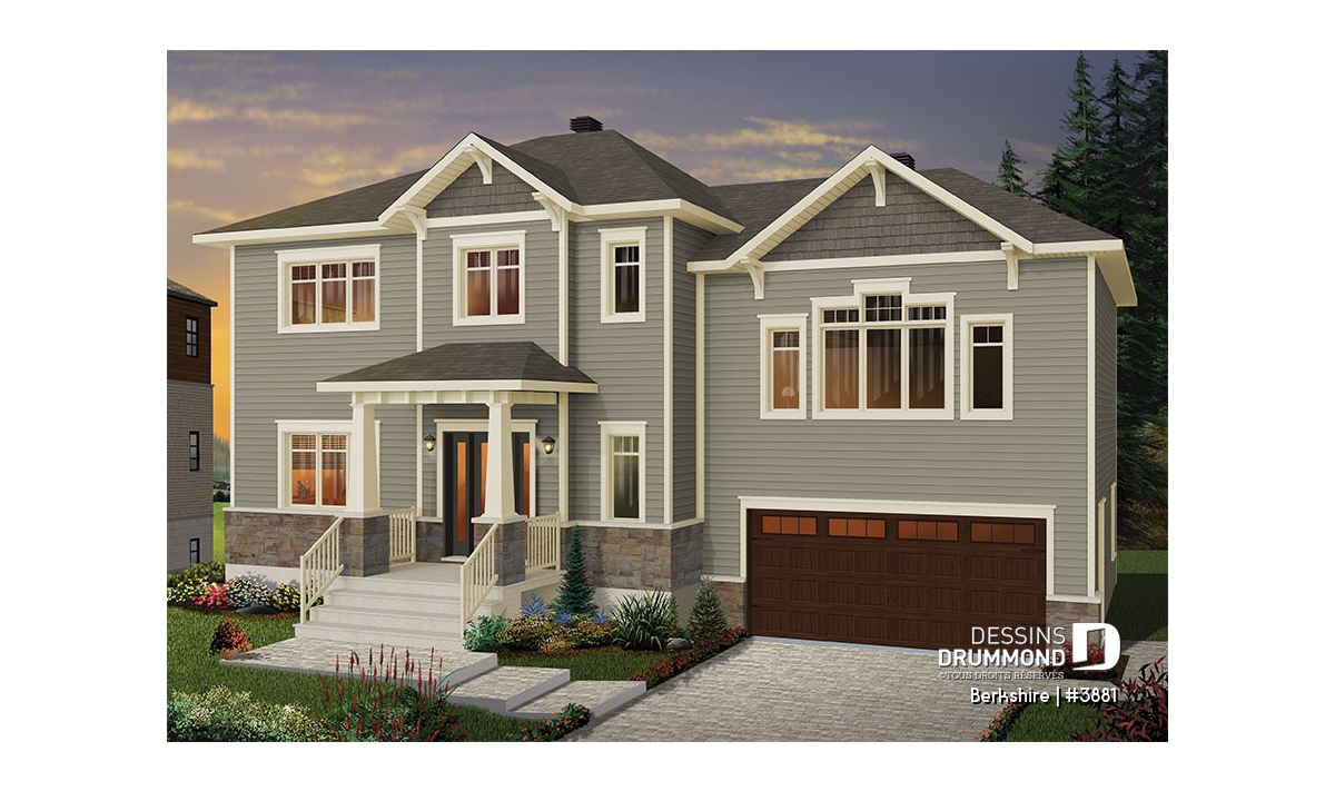 Berkshire (#3881) modern two-story house plan with double garage, covered front porch, and elegant transitional exterior design.