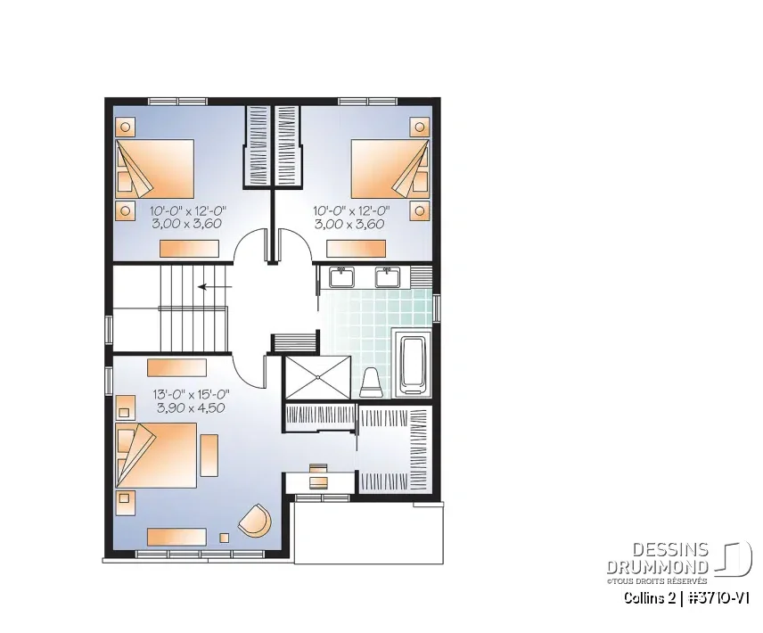 plan d’étage maison contemporaine Collins 3710-V1 3 chambres walk-in salle de bain complète