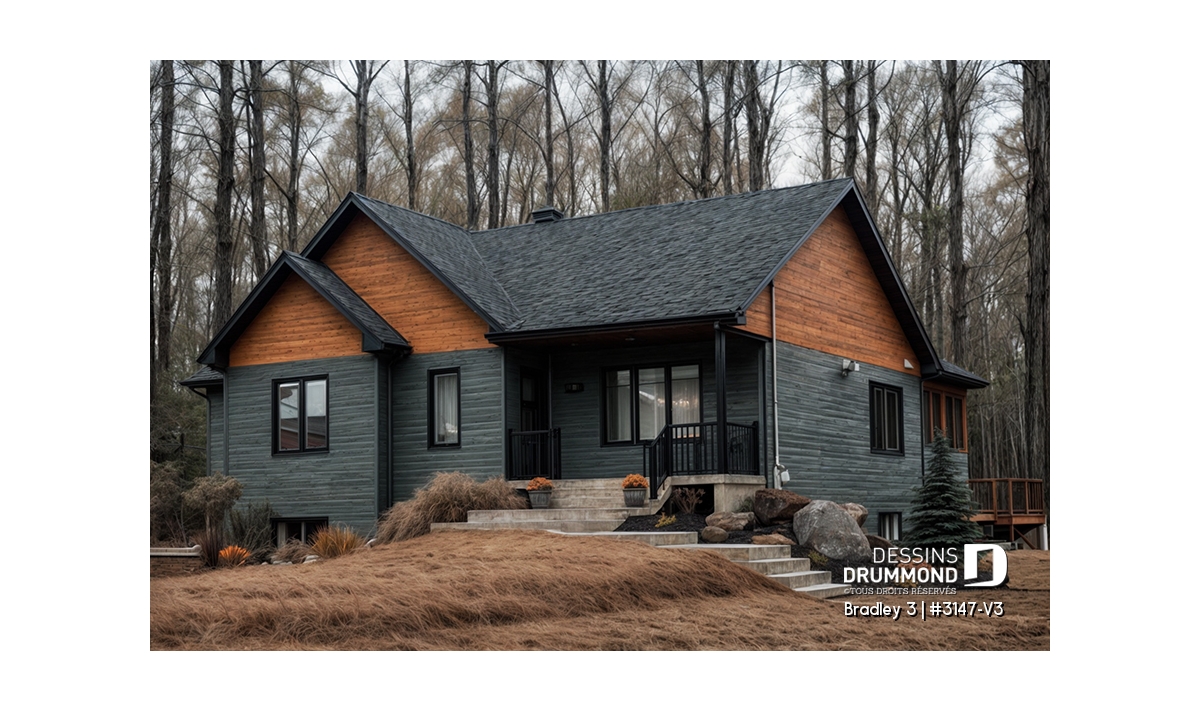 plan de plain-pied 3 chambres avec garage Bradley 3147-V3 3 chambres cuisine avec îlot aire ouverte