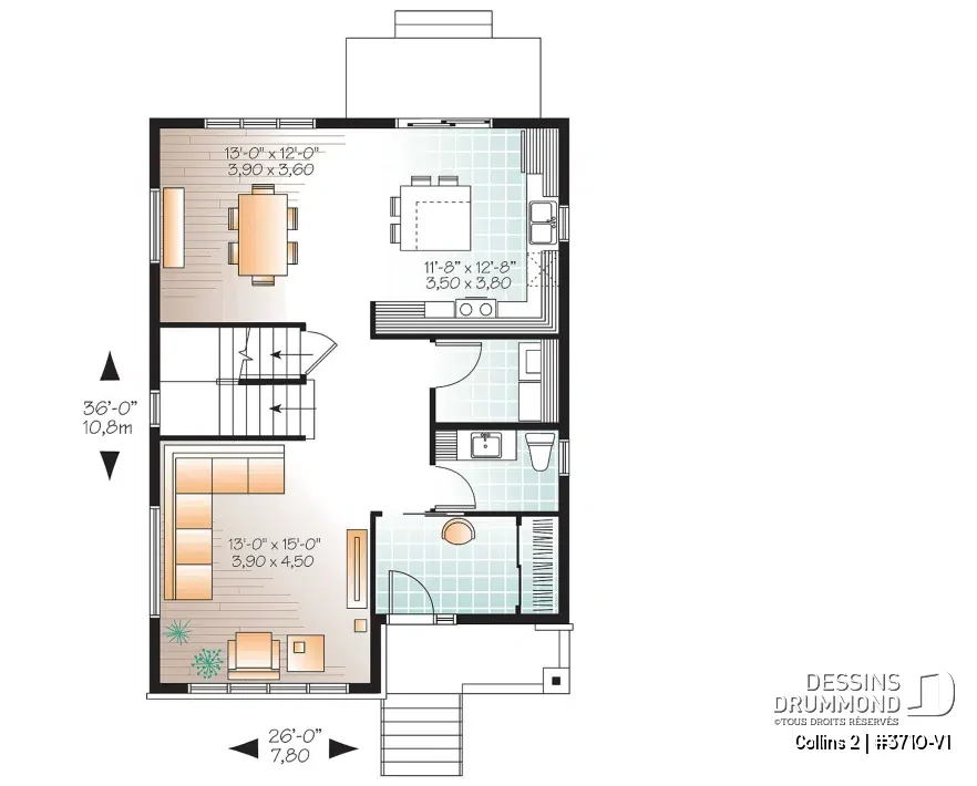 plan de plancher rez-de-chaussée maison contemporaine Collins 3710-V1 aire ouverte cuisine îlot vestiaire