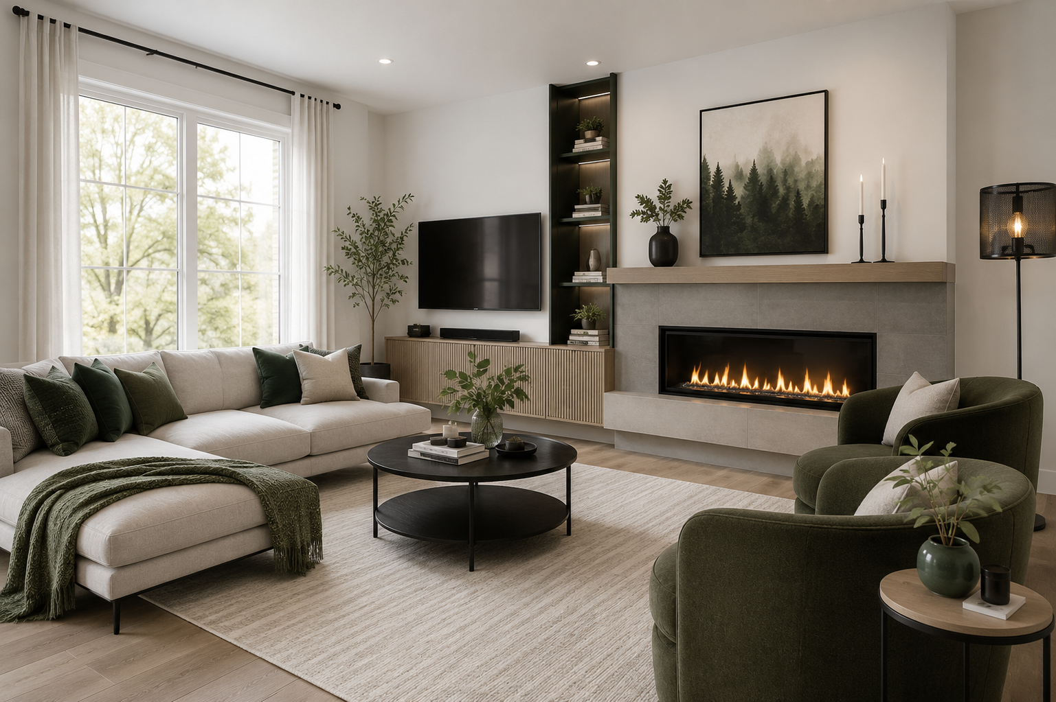 Salon moderne lumineux avec foyer linéaire, mobilier contemporain et accents verts chaleureux