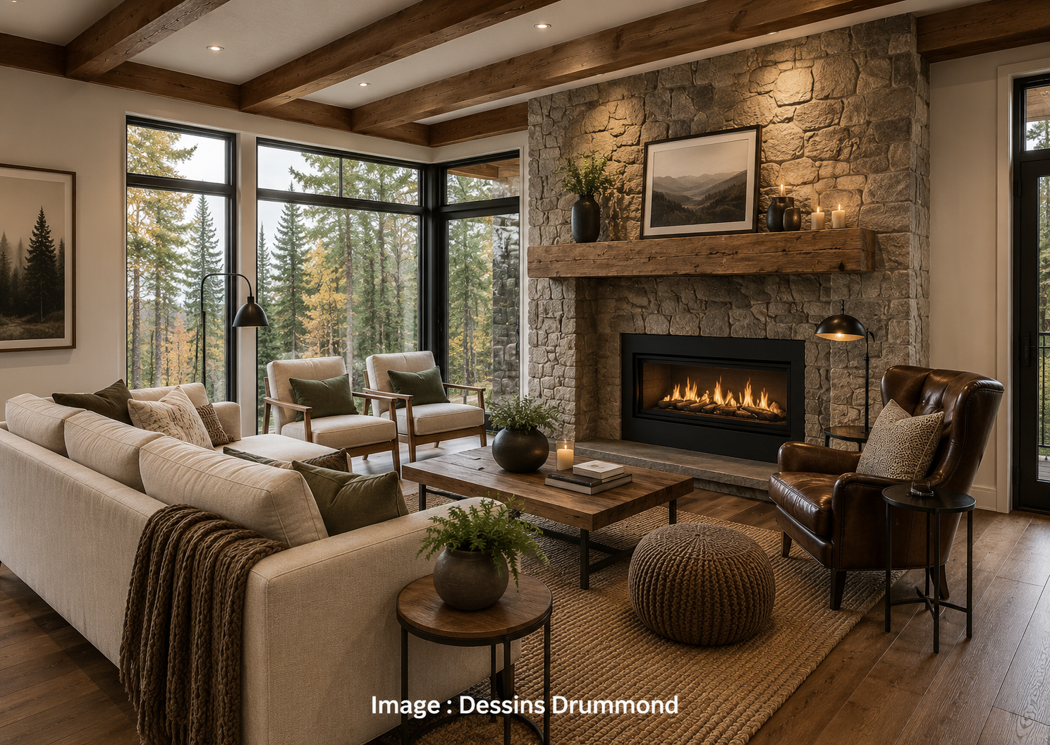 Grand salon de chalet rustique moderne avec foyer de pierre, poutres apparentes et vue sur la forêt
