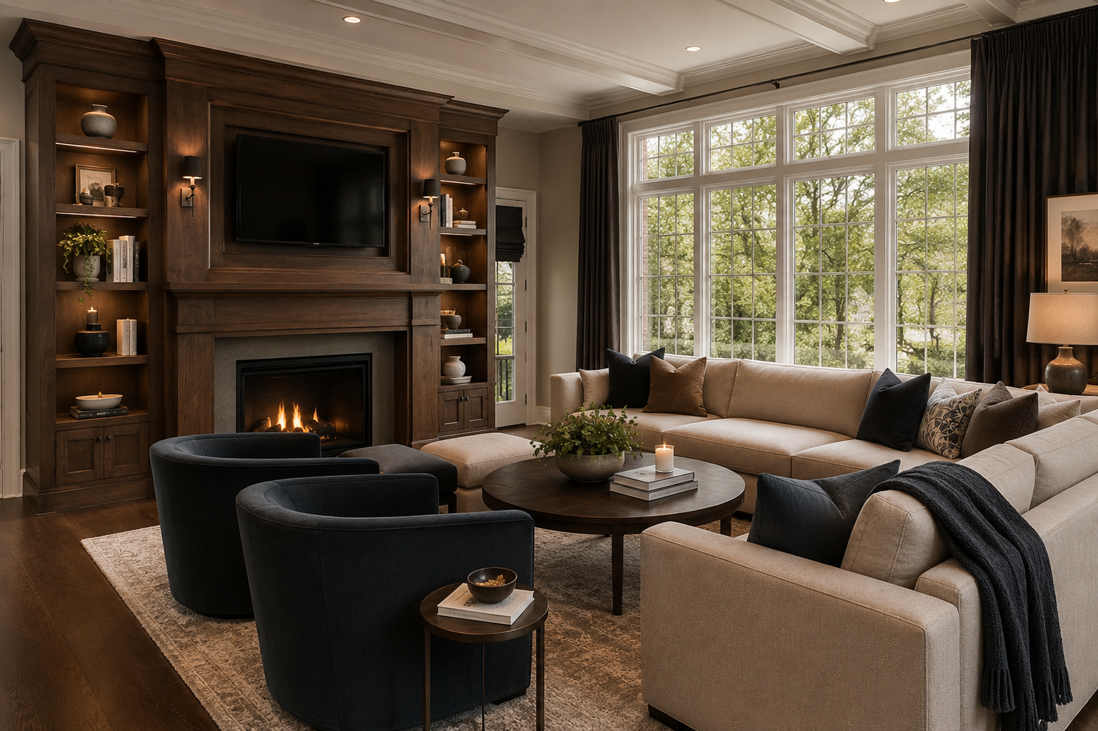 Grande salle familiale au style colonial modernisé avec foyer en bois foncé, mobilier intégré et grandes fenêtres lumineuses