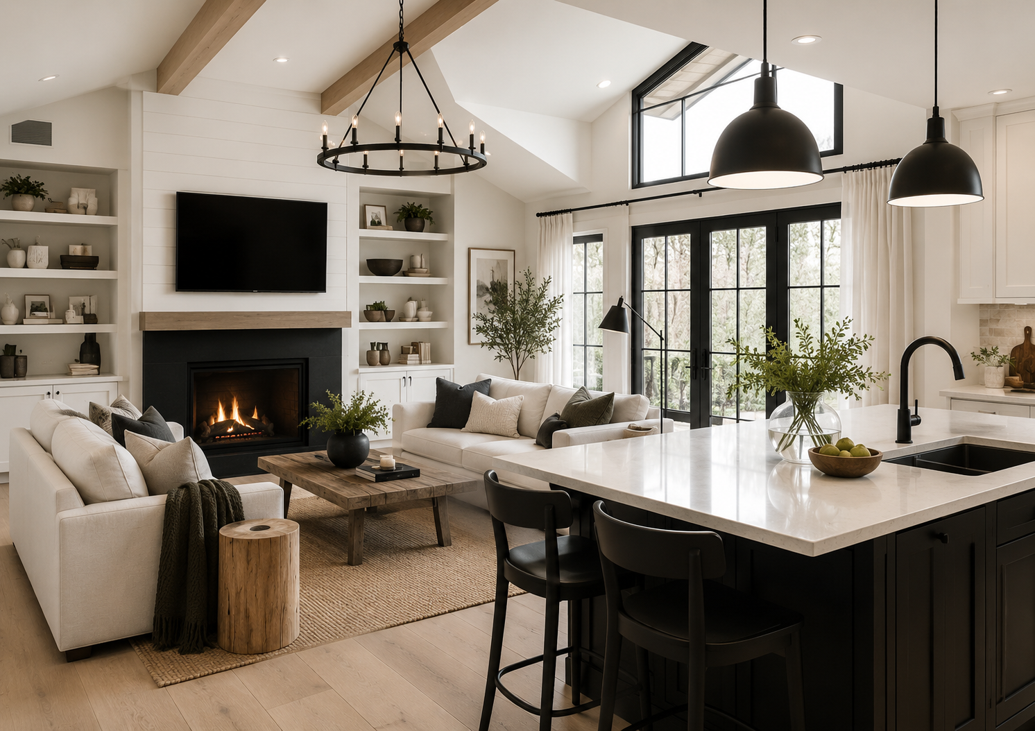Grande aire ouverte moderne rustique avec foyer noir, cuisine blanche, poutres de bois et accents noirs contemporains
