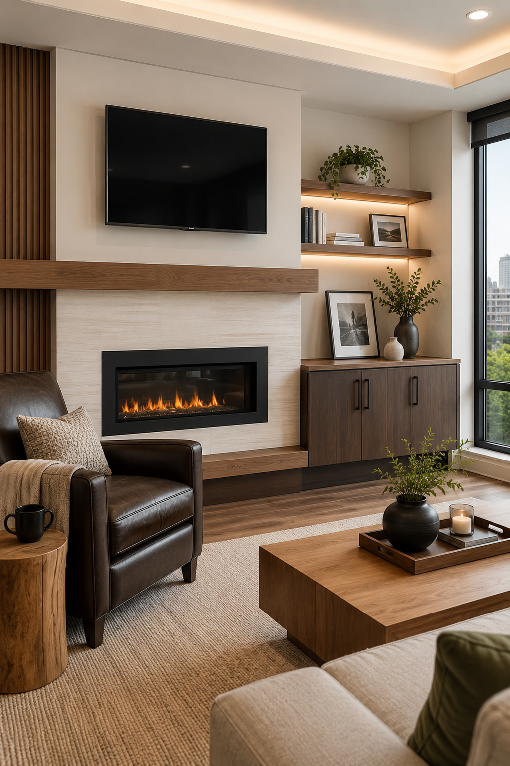 Salon moderne rustique avec foyer linéaire, mobilier en bois foncé et décor urbain chaleureux