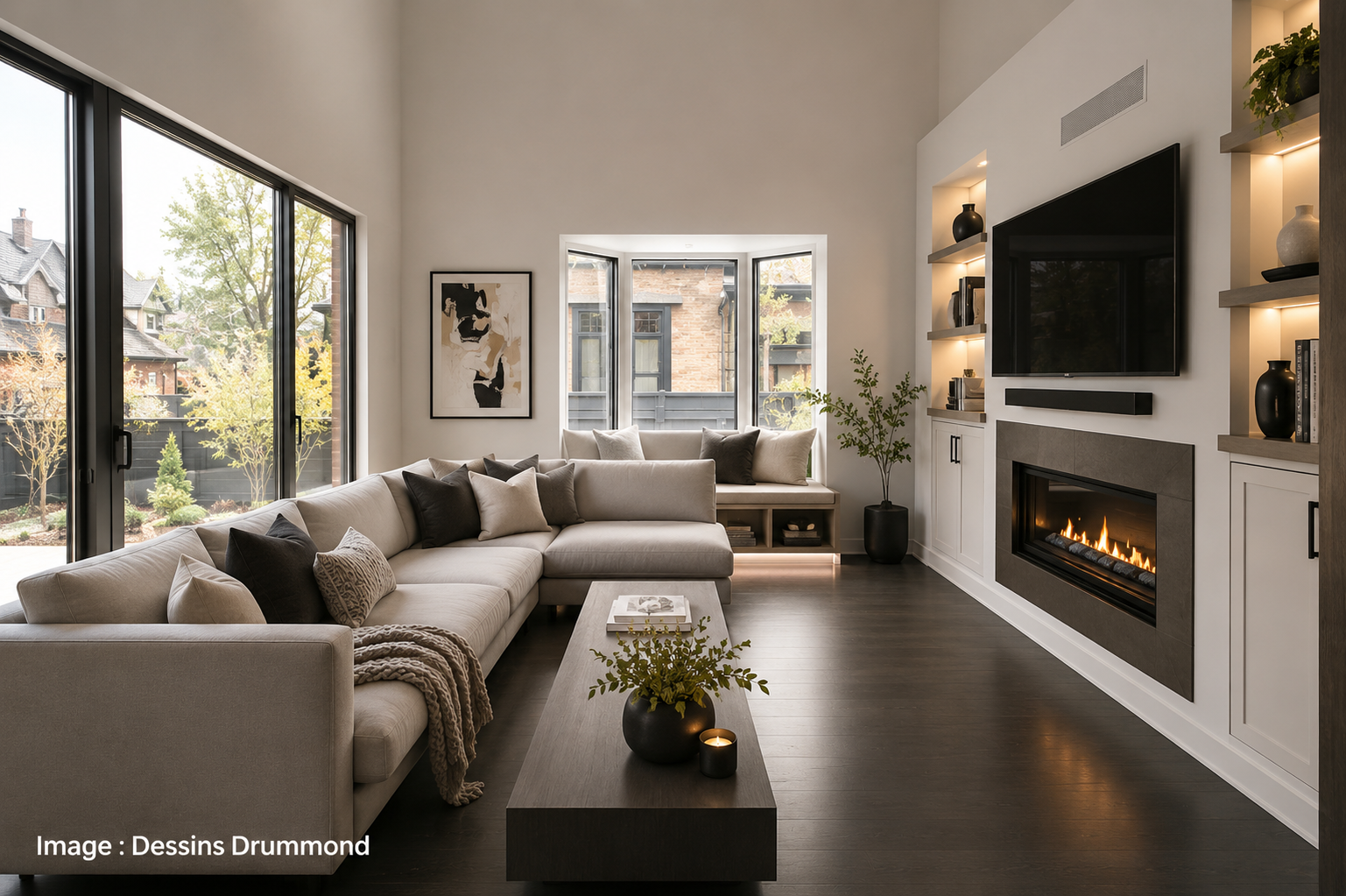 Salon contemporain lumineux avec foyer linéaire, plafond élevé, grandes fenêtres et mobilier moderne épuré