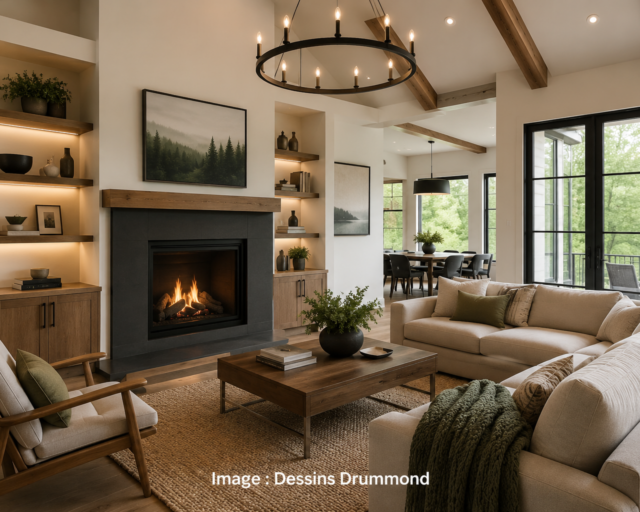 Grande aire ouverte chaleureuse avec foyer moderne, poutres de bois, mobilier contemporain et abondante lumière naturelle