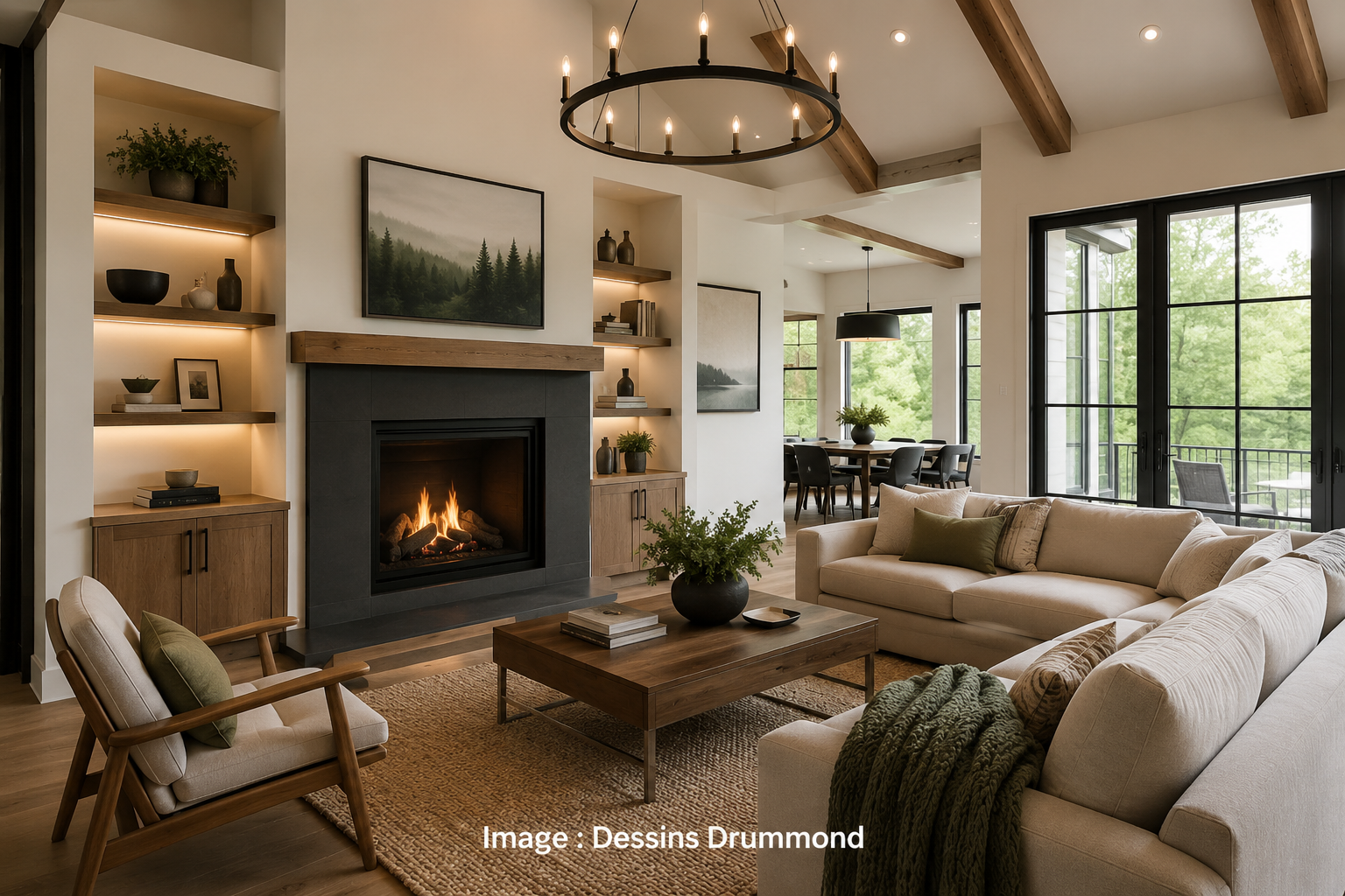 Grande aire ouverte chaleureuse avec foyer moderne, poutres de bois, mobilier contemporain et abondante lumière naturelle
