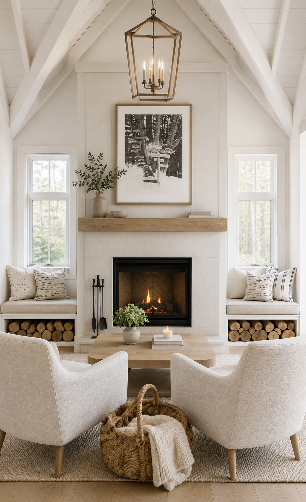 Salon scandinave lumineux avec foyer moderne, plafond cathédrale blanc et rangement de bois intégré