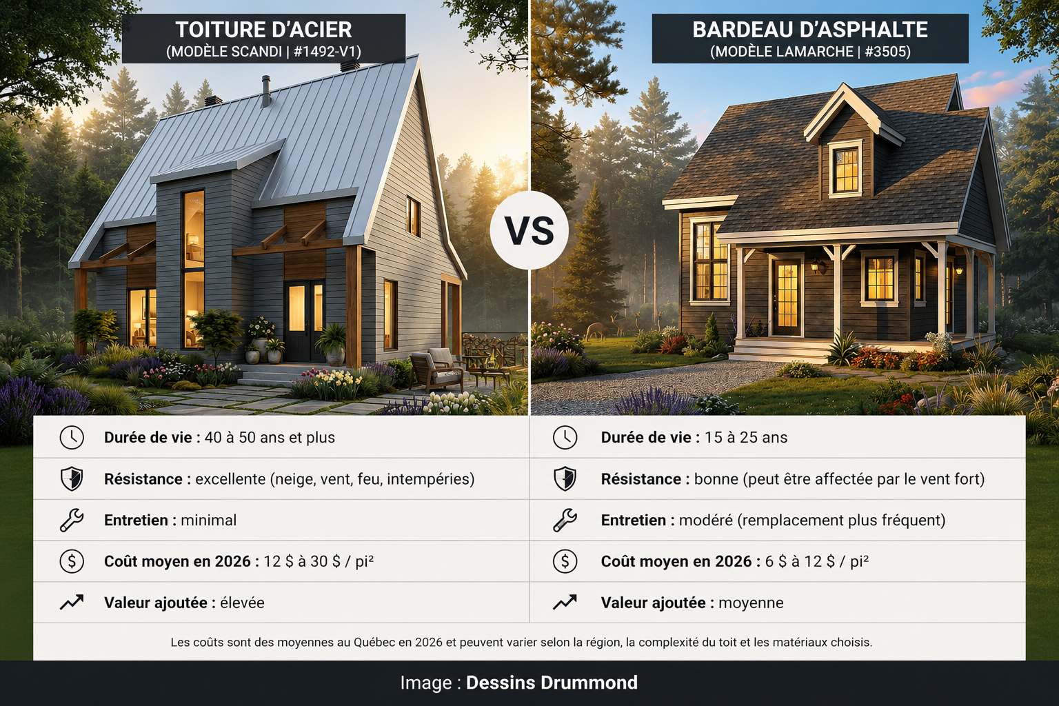 Comparaison entre une toiture d’acier et une toiture en bardeaux d’asphalte sur deux modèles de maisons Dessins Drummond