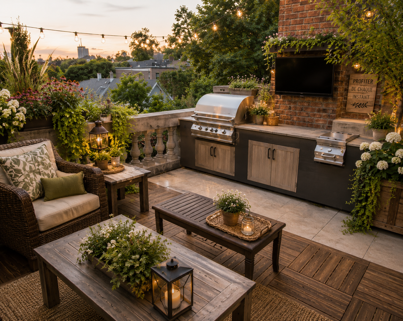 Cuisine extérieure champêtre avec barbecue intégré, télévision extérieure, mobilier en rotin, éclairage d’ambiance et abondante végétation