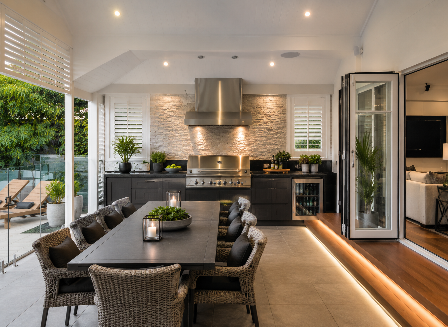 Cuisine extérieure contemporaine avec barbecue intégré, grande table à manger, terrasse couverte et ouverture sur la cour arrière