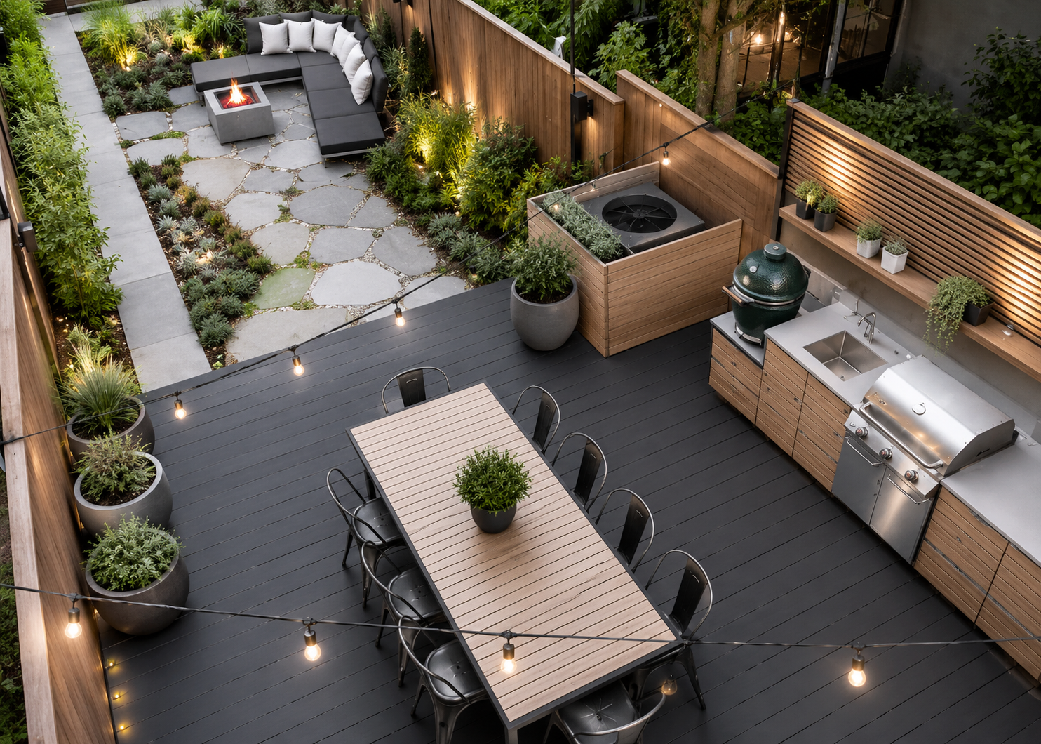 Cuisine extérieure contemporaine avec barbecue intégré, évier, grande terrasse, foyer extérieur et aménagement paysager moderne