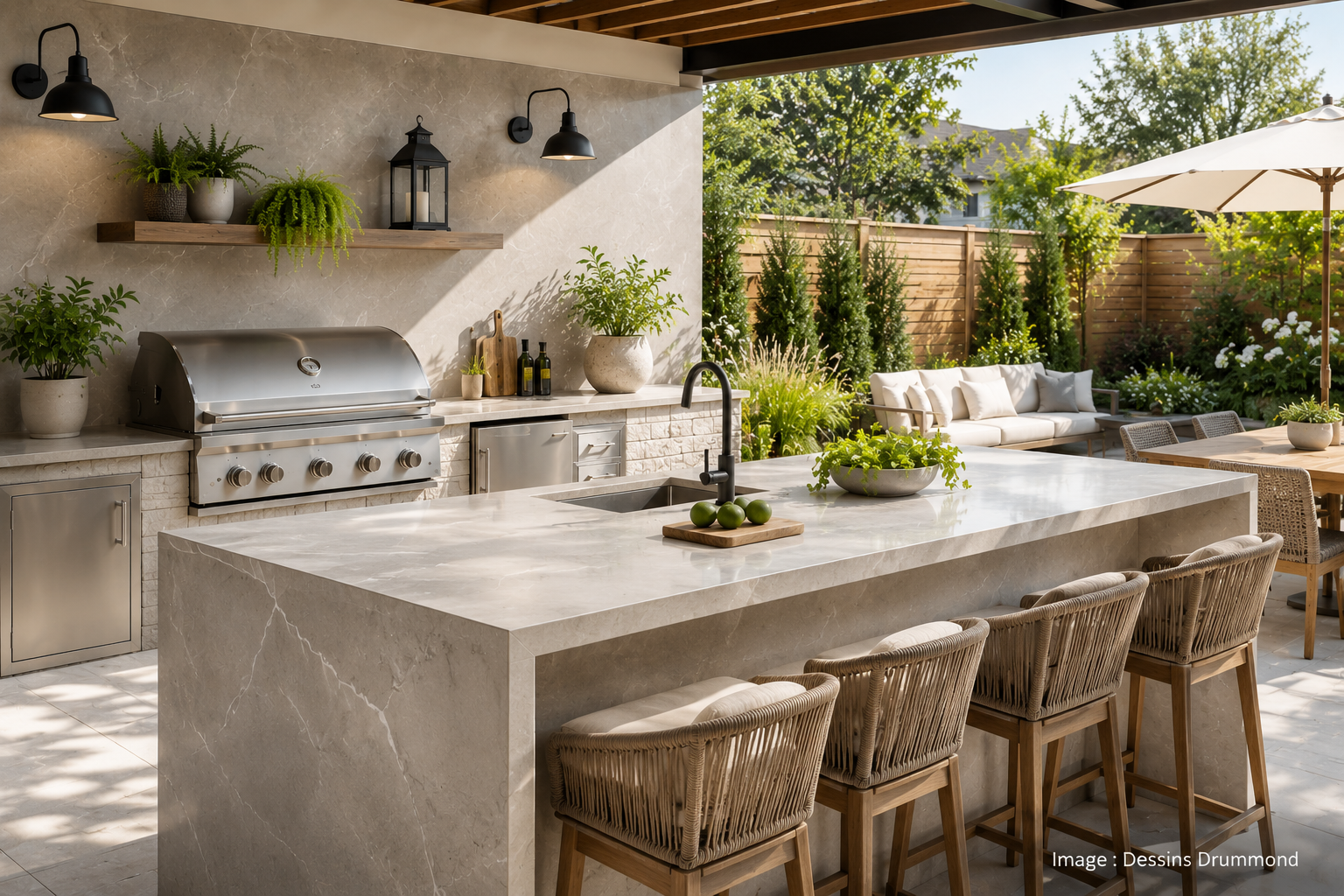 Cuisine extérieure moderne avec grand îlot en Dekton, barbecue intégré, évier et espace repas dans une cour aménagée