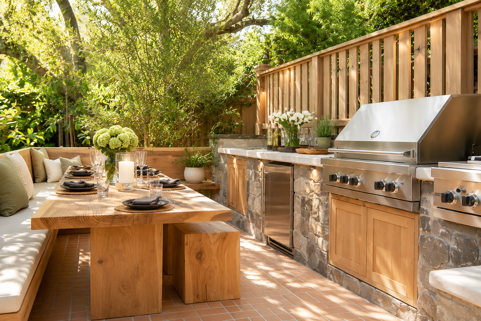 Cuisine extérieure haut de gamme avec barbecue intégré, comptoir en pierre, grande table en bois massif et banquette conviviale