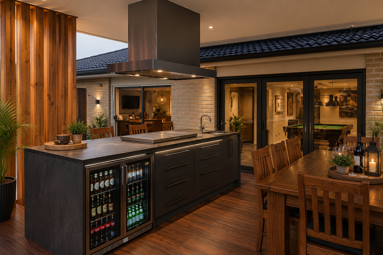 Cuisine extérieure moderne avec grand îlot central foncé, rangement intégré, réfrigérateur extérieur et espace repas couvert